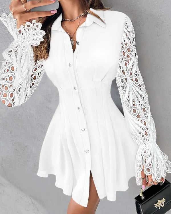 A-Line Button Down Long Sleeve Shirt Dresses Turn-down Collar Eyelet Embroidery Casual Mini Dress