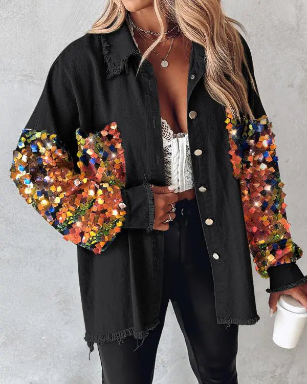Contrast Sequin Turn-down Collar Long Sleeve Tassel Design Fuzzy Shacket with Pocket