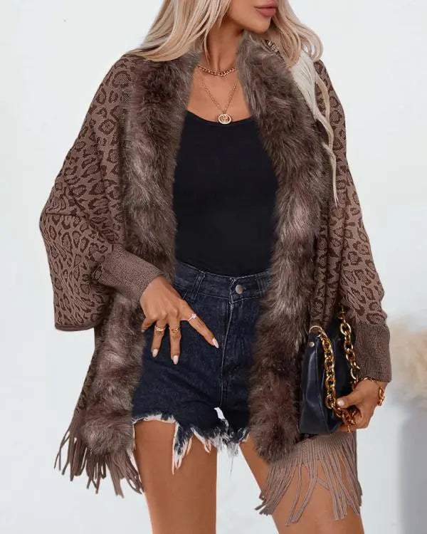 Fuzzy Collar Shawl Poncho Knit Cardigan