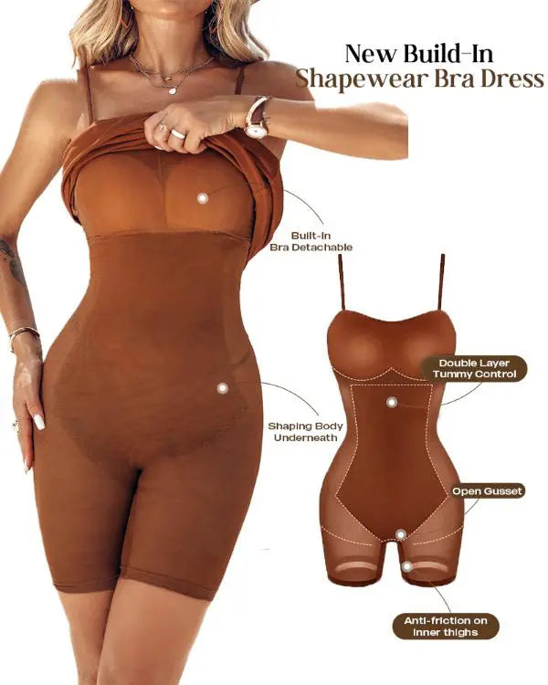ShapeSculpt Shapewear Dress Bodycon Midi Dress Built-in Bra Summer Casual Tummy Control Slip Dress with Adjustable Straps