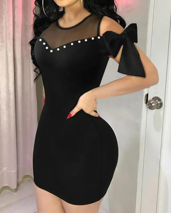 Cold Shoulder Beaded Bowknot Design Bodycon Dress Sheer Mesh Patch Mini Dress