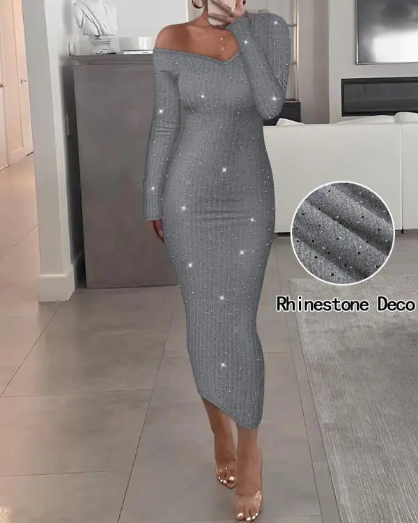 V-Neck Long Sleeve Rhinestone Decor Ribbed Bodycon Dress