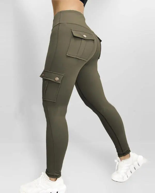 Camouflage Print High Waist Skinny Button Leggings with Pocket Casual Pants