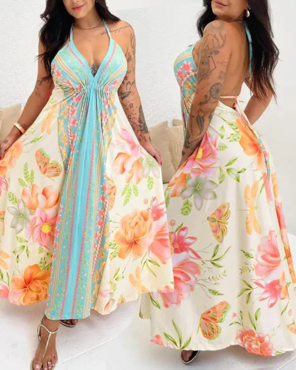 Floral Print Halter Sleeveless Maxi Dress Hollow Out Flowy A Line Vacation Dress