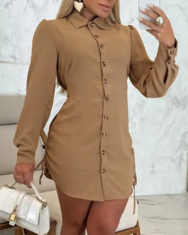 Striped Shirred Buttoned Drawstring Shirt Dress