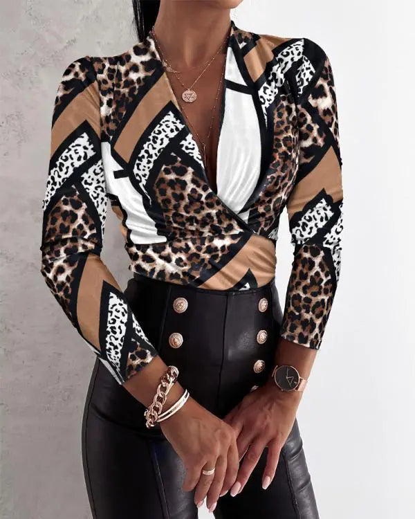 Leopard Print V-Neck Criss Cross Long Sleeve Shirts Casual Top