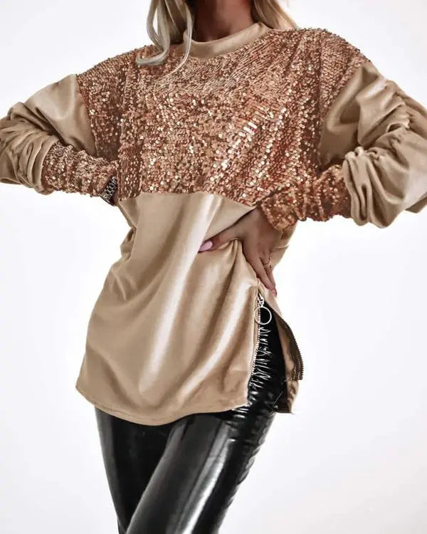 Velvet Mock Neck Sequin Patch Sweattshirt Ruched Long Sleeve Side Zipper Design Pullover Top