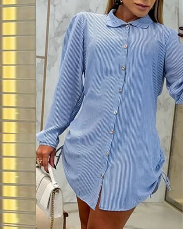 Striped Shirred Buttoned Drawstring Shirt Dress