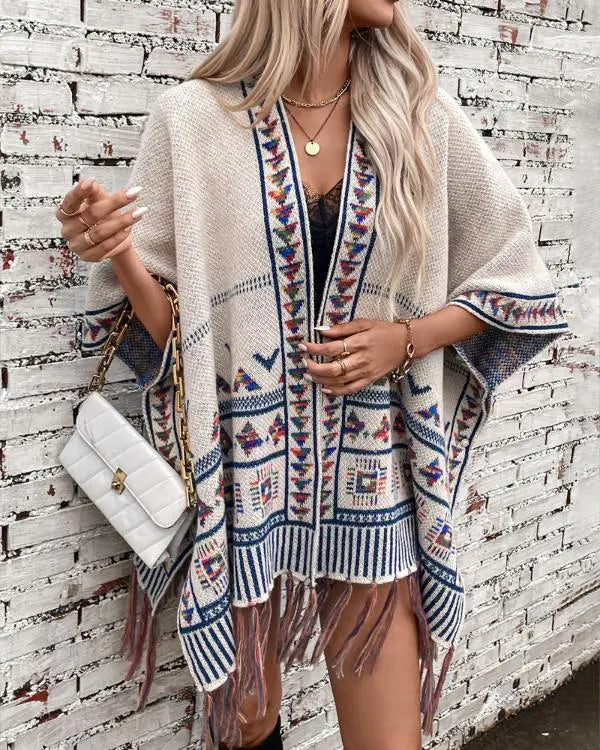 Fuzzy Collar Shawl Poncho Knit Cardigan
