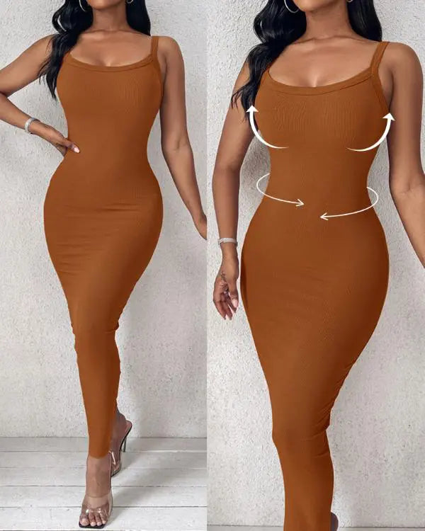 ShapeSculpt Basic Lounge Slip U-Neck Long Dress Elegant Sleeveless Ribbed Bodycon Maxi Dresses