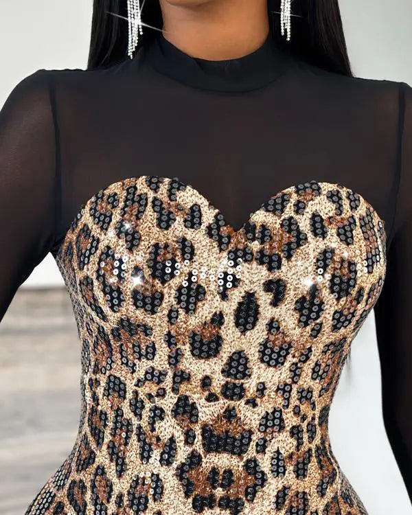 Leopard Pattern Bandeau Contrast Sequin Bodycon Dress