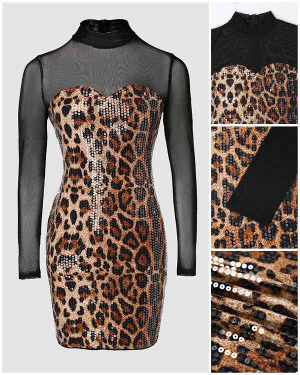 Leopard Pattern Bandeau Contrast Sequin Bodycon Dress