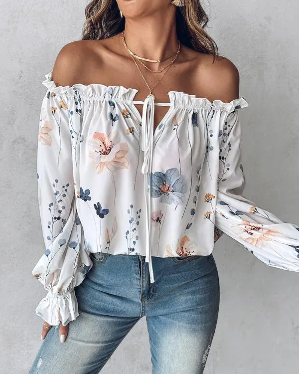 Floral Print Off Shoulder Lantern Sleeve Top