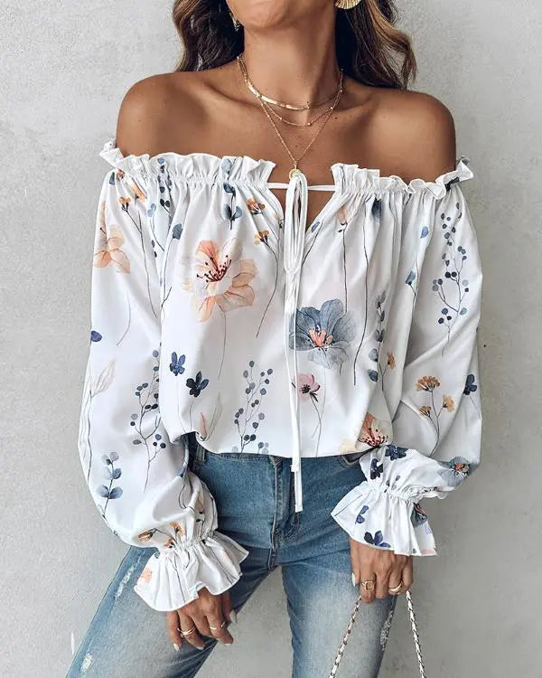 Floral Print Off Shoulder Lantern Sleeve Top