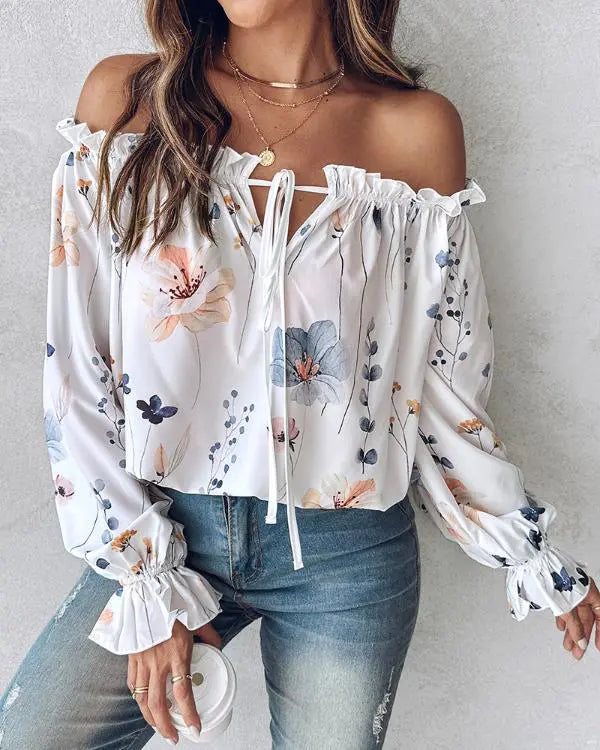 Floral Print Off Shoulder Lantern Sleeve Top