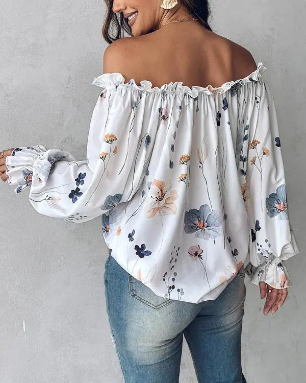 Floral Print Off Shoulder Lantern Sleeve Top
