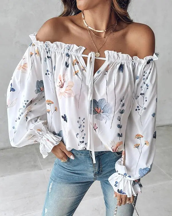 Floral Print Off Shoulder Lantern Sleeve Top