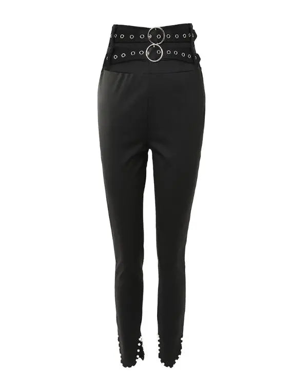 Slit Beaded Decor High Waist Eyelet Buckled Pants With Belt