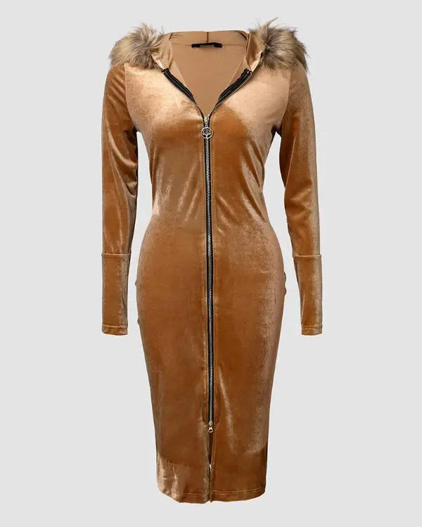 Velvet Fuzzy Trim Hooded Long Sleeve Zip Up Midi Dress