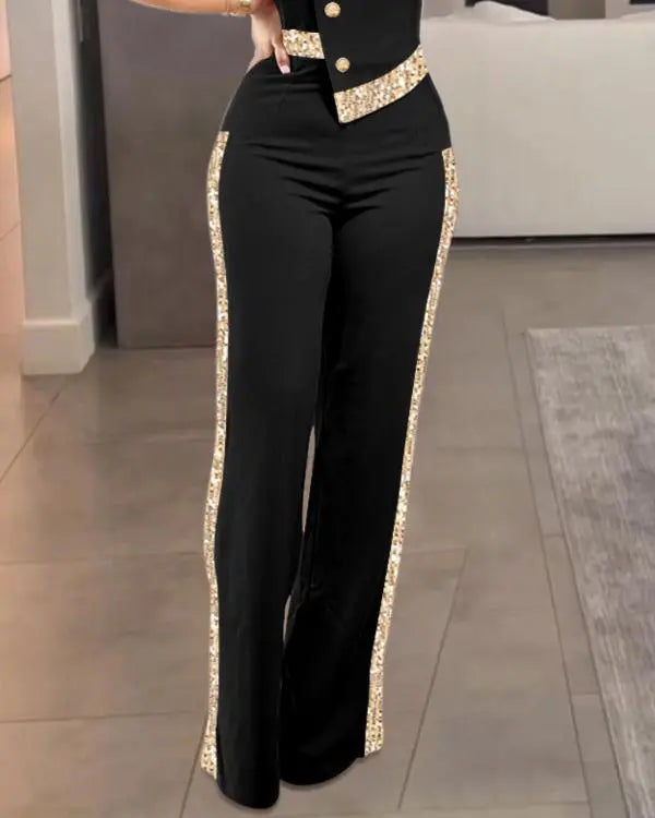 Contrast Sequin Bandeau Strapless Jumpsuit Button Decor Casual Wide Leg Rompers