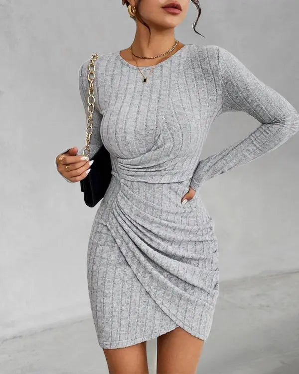 Ruched Bodycon Dress Crew Neck Long Sleeve Casual Ribbed Tight Mini Dresses
