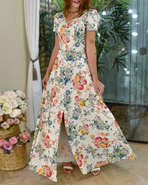Floral Print V Neck Puff Sleeve Maxi Dress A-Line Flowy Casual Dress With Pockets