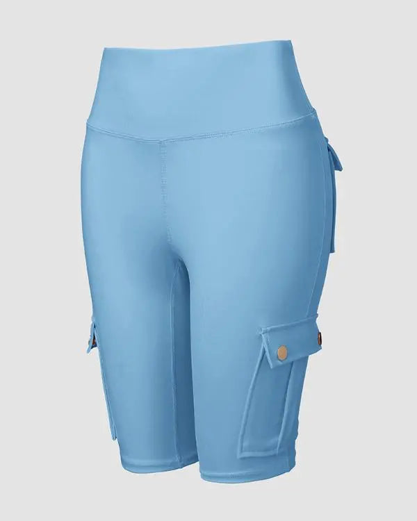 Tummy Control Butt Lifting Active Shorts High Waist Flap Pocket Workout Bermuda Cargo Running Shorts