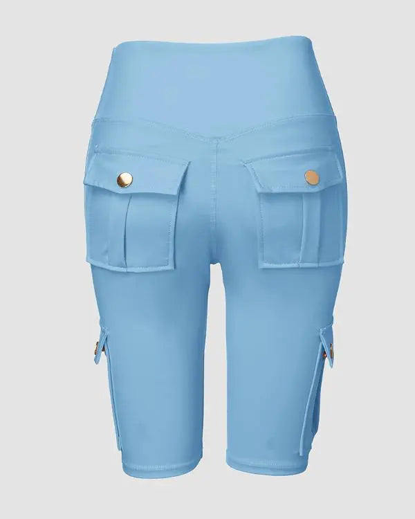 Tummy Control Butt Lifting Active Shorts High Waist Flap Pocket Workout Bermuda Cargo Running Shorts