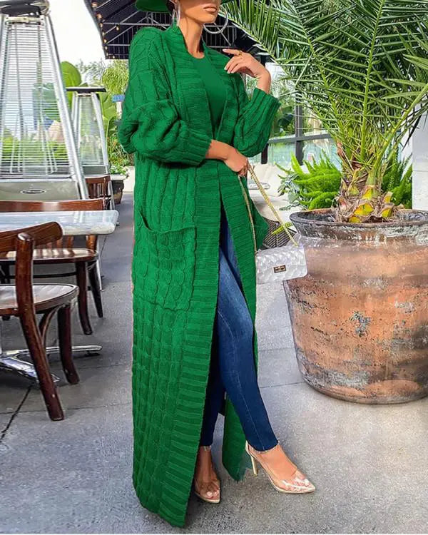 Long Sleeve Cable Knit Longline Cardigan Open Front Sweater with Pockets