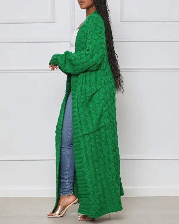Long Sleeve Cable Knit Longline Cardigan Open Front Sweater with Pockets