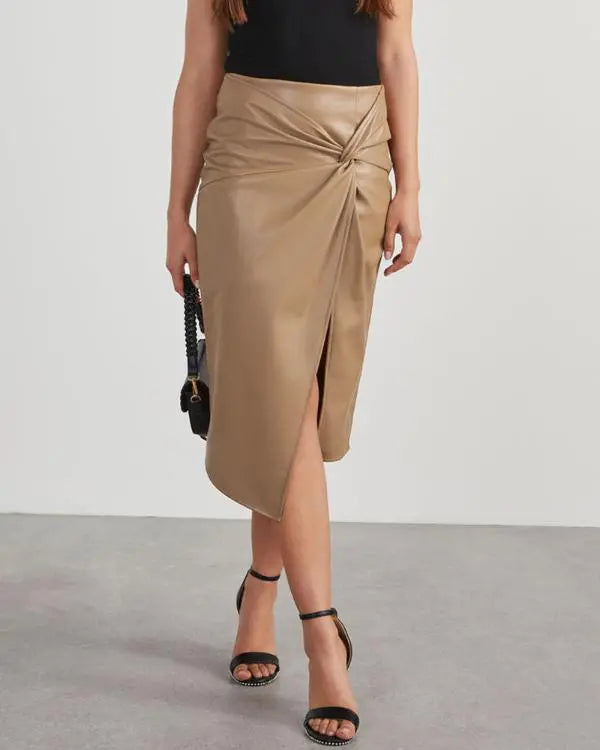 PU Leather Front Twisted Knot Slit Asymmetrical Midi Skirt
