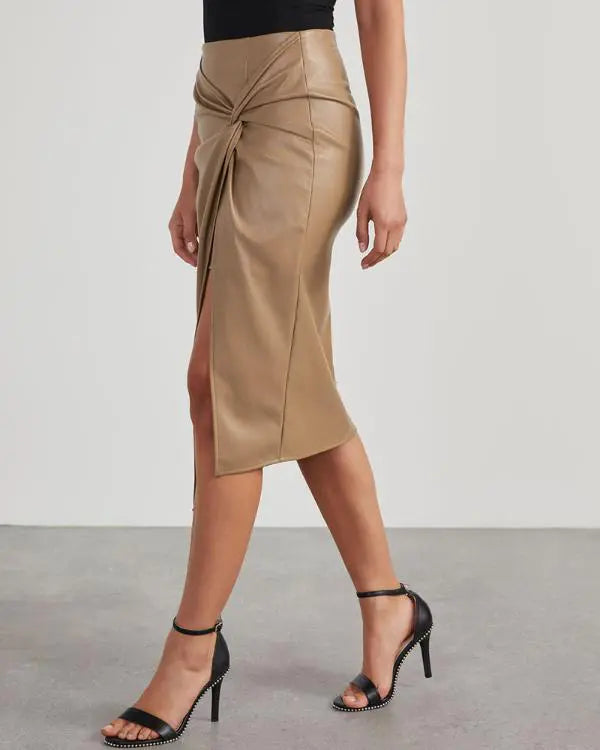 PU Leather Front Twisted Knot Slit Asymmetrical Midi Skirt