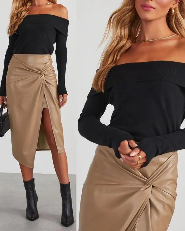PU Leather Front Twisted Knot Slit Asymmetrical Midi Skirt