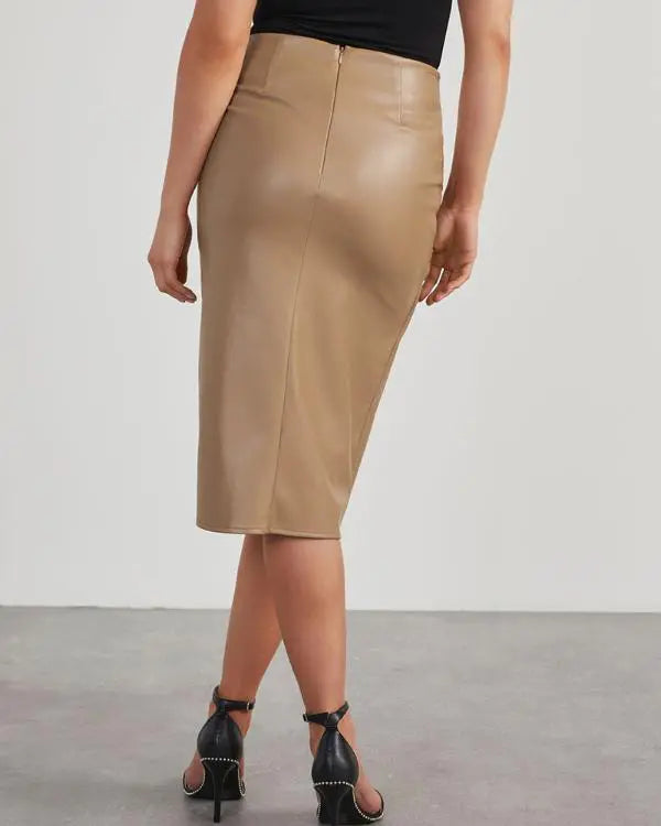 PU Leather Front Twisted Knot Slit Asymmetrical Midi Skirt