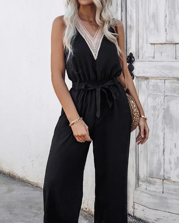 Colorblock V-Neck Sleeveless Shirred Tied Detail Cutout Jumpsuit Elegant Overall