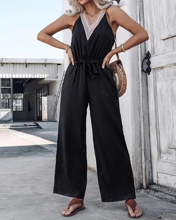 Colorblock V-Neck Sleeveless Shirred Tied Detail Cutout Jumpsuit Elegant Overall