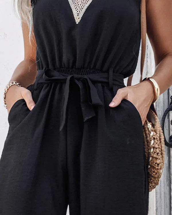 Colorblock V-Neck Sleeveless Shirred Tied Detail Cutout Jumpsuit Elegant Overall