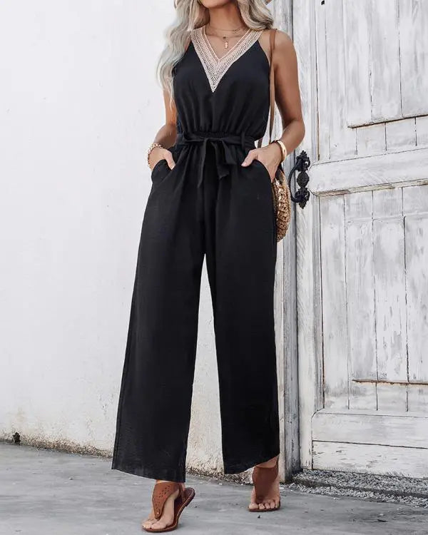 Colorblock V-Neck Sleeveless Shirred Tied Detail Cutout Jumpsuit Elegant Overall