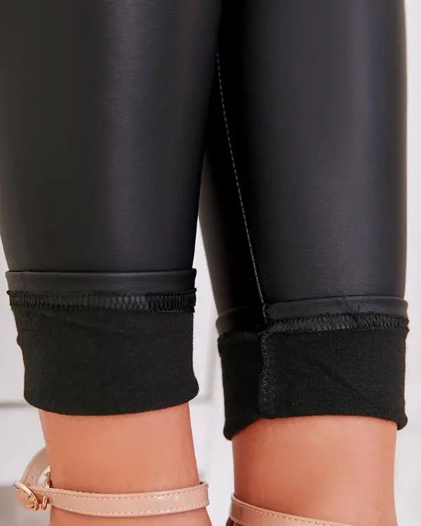PU Leather Fleece Lined High Waist Tummy Control Thermal Warm Leggings Fall Winter Pants