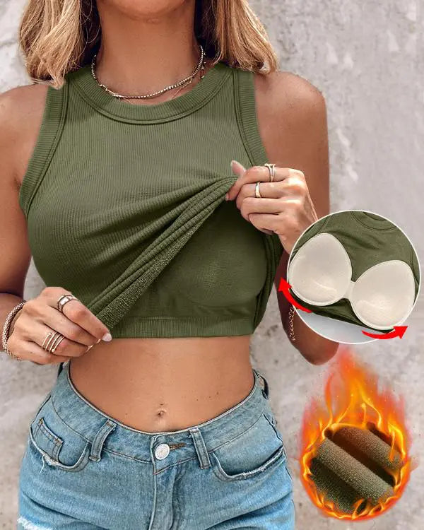 Built-in Bra Crewneck Tank Top Terry Towelling Lined Sleeveless Slim Fit Layering Shirt Tops