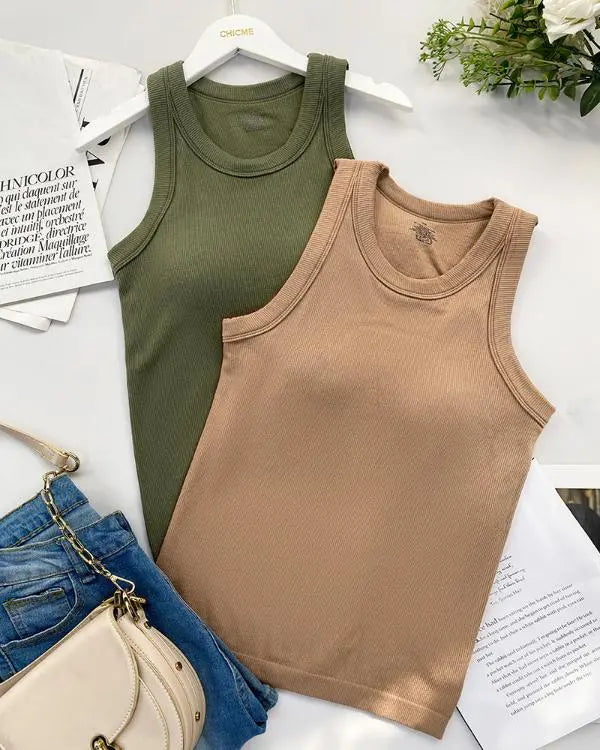 Built-in Bra Crewneck Tank Top Terry Towelling Lined Sleeveless Slim Fit Layering Shirt Tops