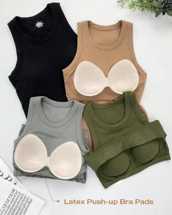 Built-in Bra Crewneck Tank Top Terry Towelling Lined Sleeveless Slim Fit Layering Shirt Tops