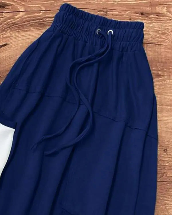 2 Pieces Contrast Paneled Anchor Print Sleeveless Tank Top and Drastring Strechy Waist Skirt Set