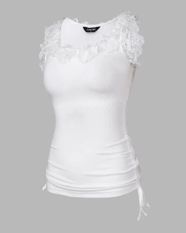 Lace Trim Side Drawstring Ribbed Tank Top Casual Slim Fit Sleeveless Top