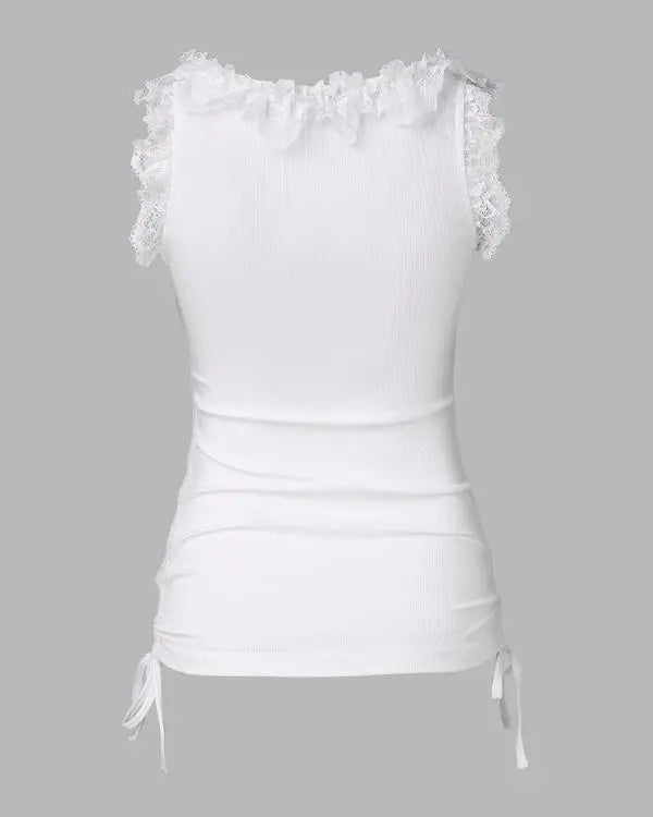 Lace Trim Side Drawstring Ribbed Tank Top Casual Slim Fit Sleeveless Top