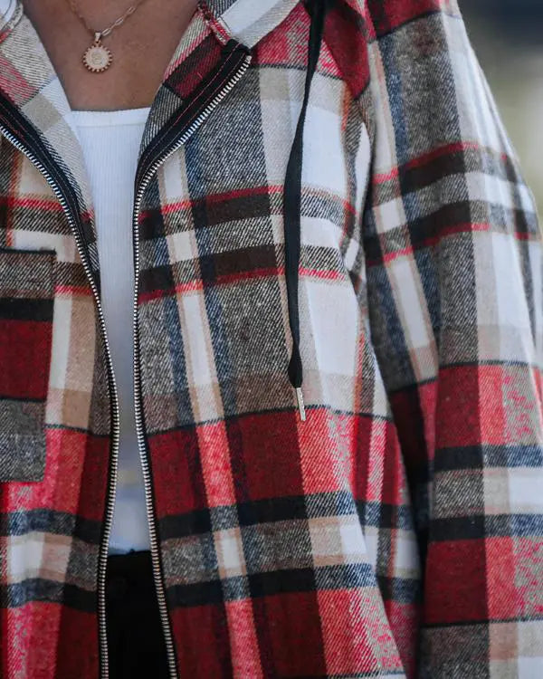 Plaid Pattern Shacket Zipper Design Oversized Longline Casual Hooded Coats with Pockets