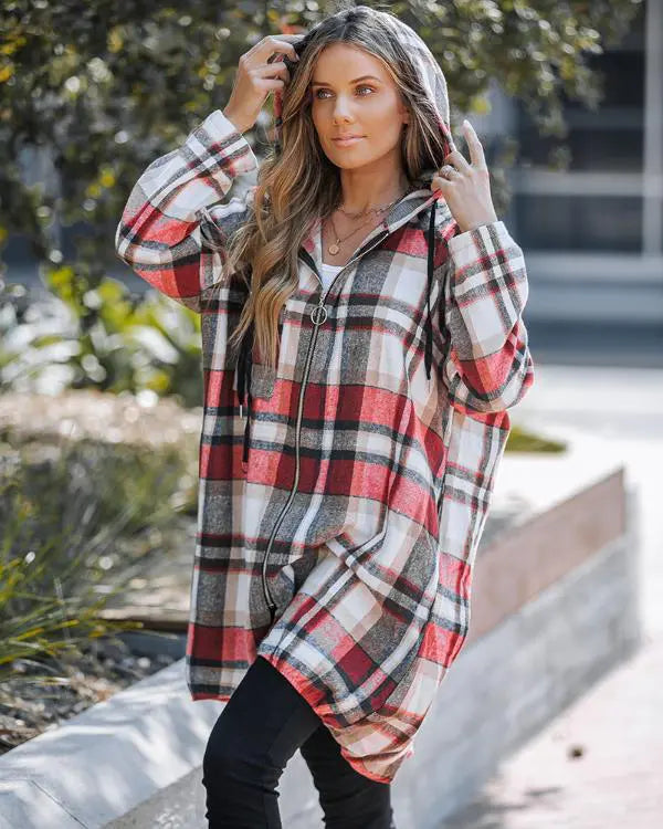 Plaid Pattern Shacket Zipper Design Oversized Longline Casual Hooded Coats with Pockets