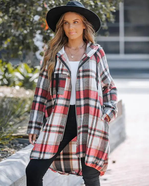 Plaid Pattern Shacket Zipper Design Oversized Longline Casual Hooded Coats with Pockets