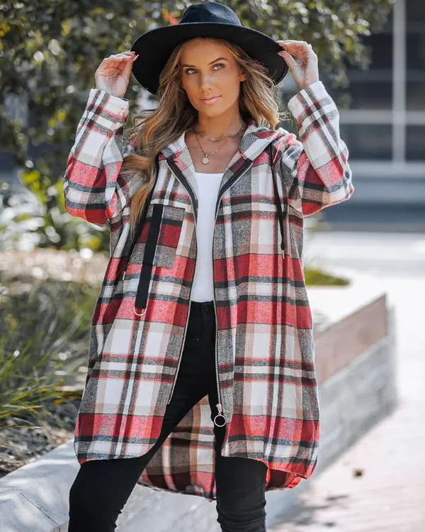 Plaid Pattern Shacket Zipper Design Oversized Longline Casual Hooded Coats with Pockets