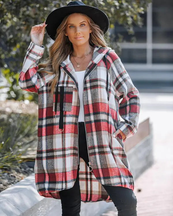 Plaid Pattern Shacket Zipper Design Oversized Longline Casual Hooded Coats with Pockets